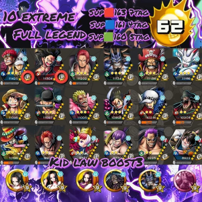 IOS+Android-HB62 -10 Ex(Shank Red+Kid Law+Kaido Boot 3+Roger+Yamato Hybrid+Luffy+Zoro+Shank Blue+Black Beard+Zephyr)-Good Medal-SP 163%-Good BF