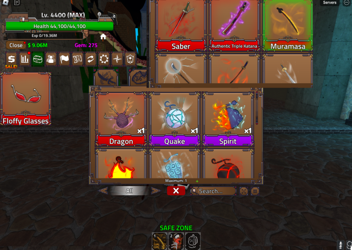 King Legacy / 4400 LV / Dragon Inventory / 275 GEms / Saber-ATK-Muramasa - Floffy Glasses / UNVERIFIED EMAIL