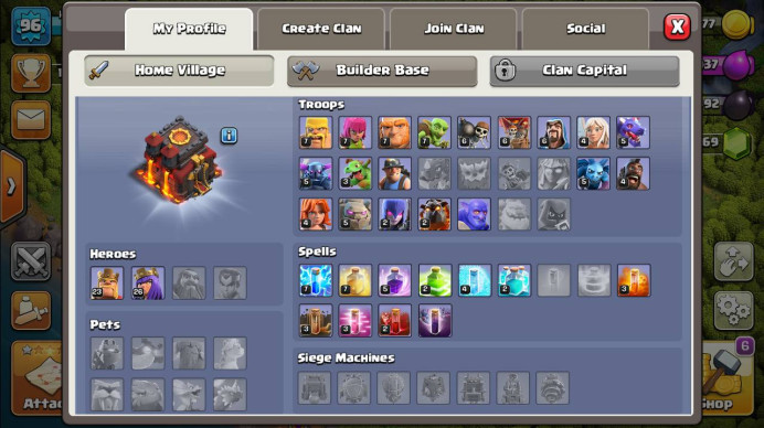 Clash of Clans (Android/iOS) SC ID- TH 10- Level 96- Heroes(23/26) - Build 7