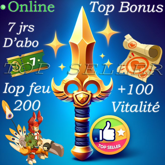 Orukam : Iop feu lvl 200 opti + Parchotage 100 vitalite + 7 jours d'abonnement + Top bonus