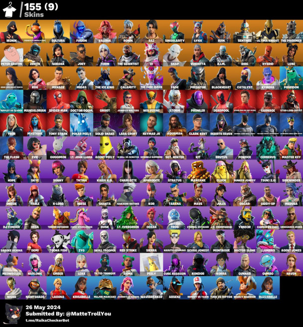 [PC ONLY] 155 skins | IKONIK | Fishstick (World Cup) | Sultura | Fusion | Valeria | Ronin | Raz | Singularity | Lynx | Ruin | Sentinel | 50 VB