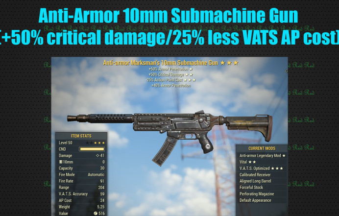 Anti-Armor 10mm Submachine Gun (+50% critical damage/25% less VATS AP cost)