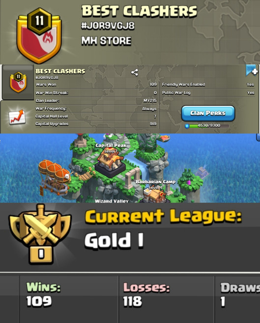 BEST CLASHERS !! LEVEL 11 !! CAPITAL PEAK 7 !! WIN 109 LOSS 118 !! GOLD 1  !! GOOD NAME !! CHEAP !! INSTANT DELIVERY