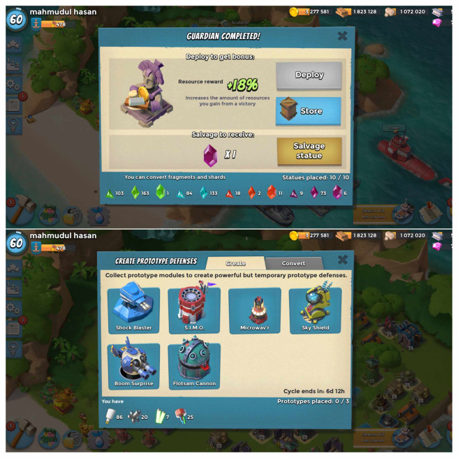 LEVEL 60- HQ  23 - VP 478 - GEMS 8400- GUNBOAT- 20 - RADAR 20-  3.2 MILLION COINS- STATUE 100% MAXED - Instant Delivery .