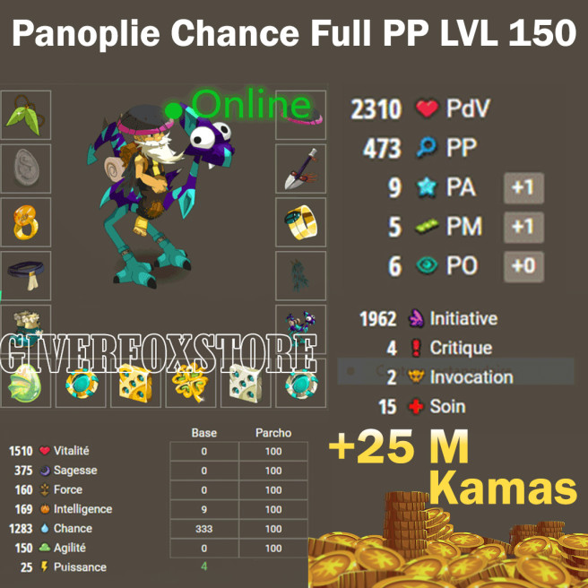 Tylezia>[Panoplie Chance Full PP LVL 150] + [ 25.000.000 Kamas ] +BONUS (Best Deal)