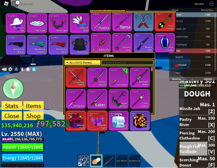 Blox Fruits / Dough v2 / V4 HUman FULL Gear / CDK-SG-SharkAnchor-GHM / Venom-Shadow Inventory / 35m Beli / 97k fragments / Unlinked