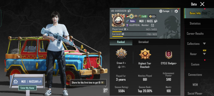 Level 61 (With RP) 76 Sets / 76 Weapon skins / 48 Emotes / GLACIER LVL 5 / 9 MORE GUNS / 30 MYTHICS / 290 UC / RANKED CROWN / ROOMCARDS -PUBG155