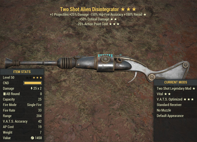 Two Shot Alien Disintegrator [+50% critical damage/25% less VATS AP cost]