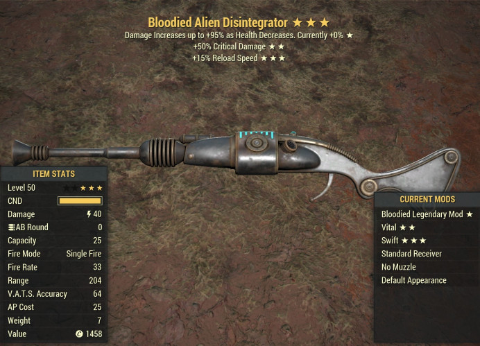 Bloodied Alien Disintegrator [+50% critical damage/15% faster reload]