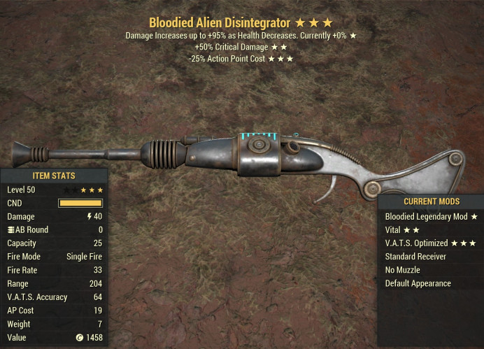 Bloodied Alien Disintegrator [+50% critical damage/25% less VATS AP cost]