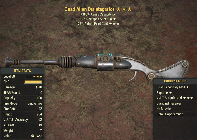 Quad Alien Disintegrator [25% faster fire rate/25% less VATS AP cost]