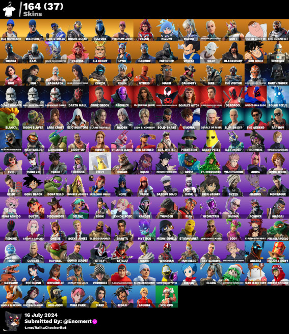 164 skins | OG STW , All Might, Darth Vader . Sultura . Omega . Sakura HG116