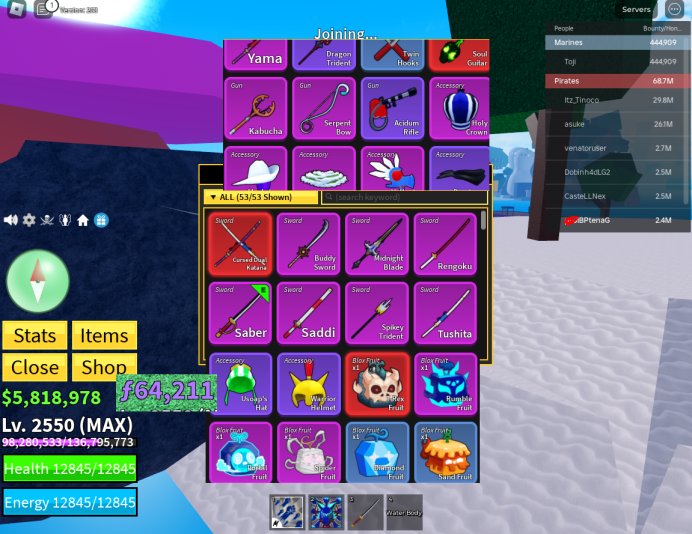 Blox Fruits / Kitsune Using / GHM-CDK-SG / Trex-Portal Inventory / 5m Beli / 64k Fragments /Unlinked