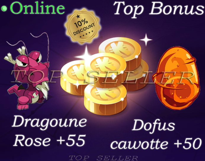 Allisteria : Dragoune rose 55 sagesse + Dofus cawotte 50 sagesse + 10.000.000 kamas + bonus - livraison 5 minutes