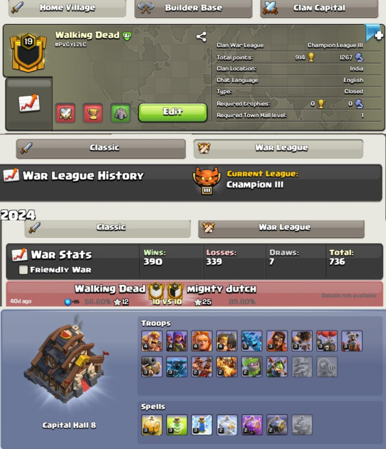 [CHAMP 3 CWL ] Walking Dead | LVL 19 | WARLOG W/L/D:390/339/7 | CC : ALMOST 9 !! 