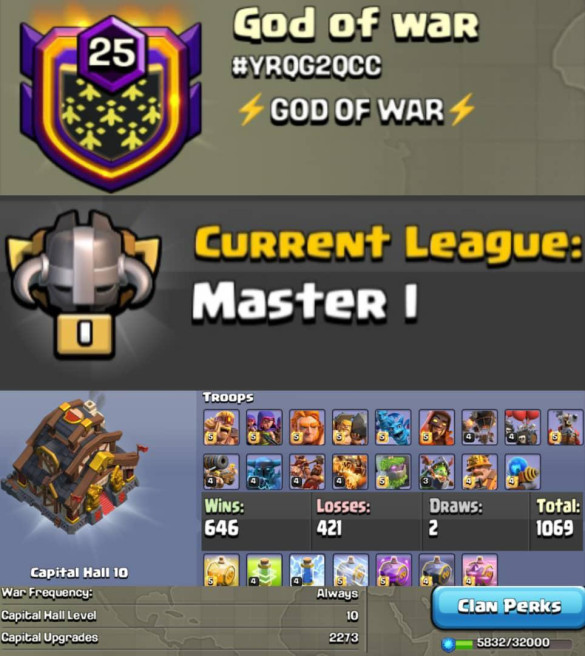 [MASTER 1 + CC:10 MAX ]God of war | LVL 25.3| WARLOG W/L/D:646/421/2 !! 