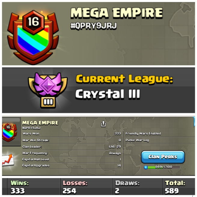 MEGA EMPIRE | LVL 16.5 | CWL LEAGUE - CRYSTAL 3 | WARLOG W/L/D:333/254/2 !! 