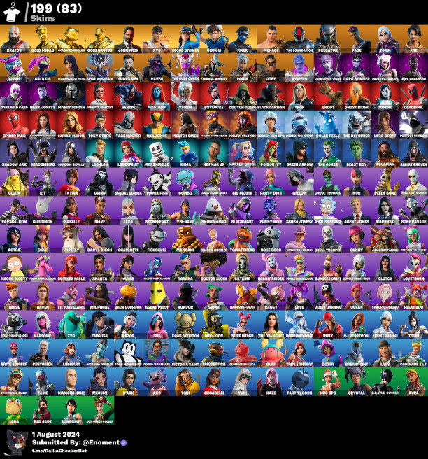 199 skins | Kratos | Gold Meowscles | Gold Midas | Gold Brutus | Fixer | John Wick | Ryu | Cloud Striker | Chun-Li   CFW6