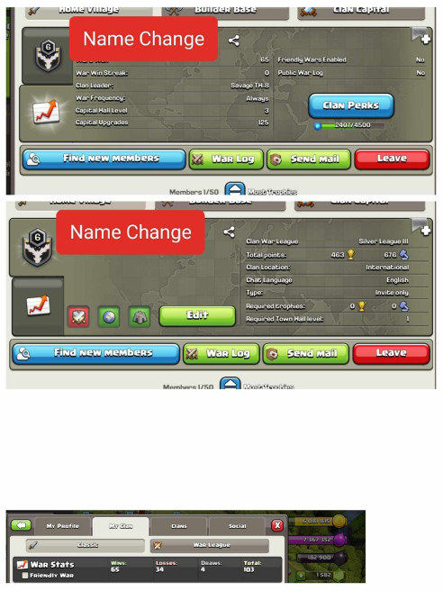 Name Change Clan_Level-6_65 Win_34 Loss