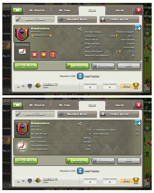 Rare_7 Digit Clan Tag_Champion League 1_Level-25_Capital Hall 10_Positive War Log