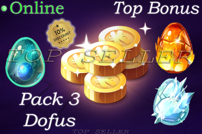 orukam : Pack 3 dofus ( Dofus Des glaces + Dofus Turquoise + Dofus pourpre ) + Top bonus - Delivery time 1 minute