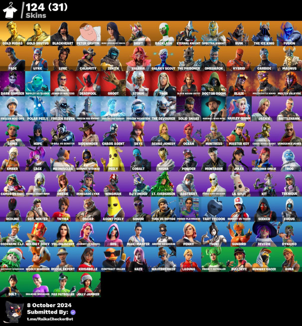 [PC/PSN/XBOX/NINTENDO] 124 skins · Backlash . Midas .Black Widow Outfit . Krisabelle .Reaper EQP33
