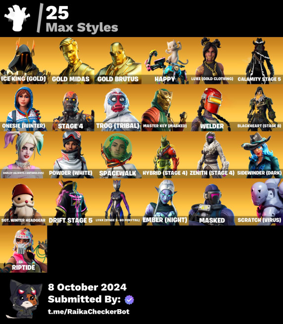 [PC/PSN/XBOX/NINTENDO] 124 skins · Backlash . Midas .Black Widow Outfit . Krisabelle .Reaper EQP33