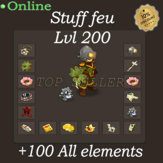 Draconiros : Stuff feu bon jet 1480 Intelligence - 11 / 6 Pm / 6 Po - 170 Do Feu + Kit 100 all elements + Top bonus kamas - livraison 1 minute