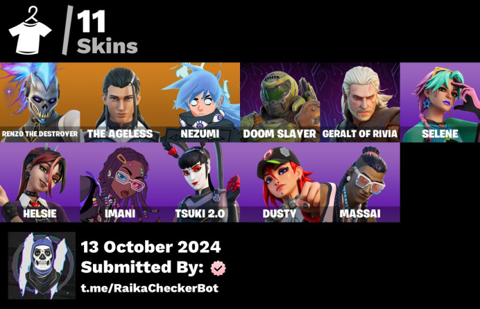 [PC/PSN/XBOX] 11Skins *Doom Slayer*|1000Vbucks,Geralt,Helsie,Imani,Dusty,Nezumi,Ageless,Selene,Massai,Lunar Party,Double Tags| Full Access