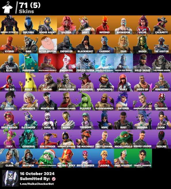 [PC/PSN/XBOX] 71Skins *Omega(Max)*|Mayhem,Clara,Battlehawk,Megalo Don,Zeus,Hades,Gwenpool,Brite Bomber,Sultura,Michelangelo,Peabody| Full Access