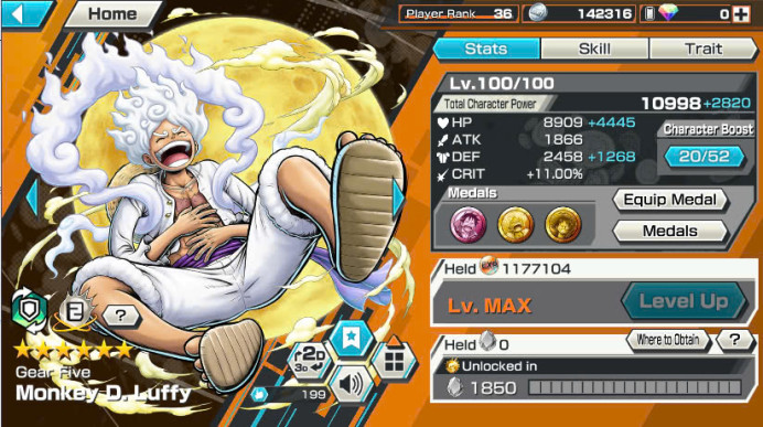 BR261-IOS+Android-Hyber 12+6/4 Ex Meta Max(Roger V2+Yamato Ace+Luffy Gear 5+Kid Law+Shank Red+Zoro)+Good Medal+SUP 145%+King+Shiryu+Egghead Zoro