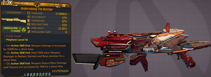 [PC/XB/PS] M10/L72 THE BUTCHER - 1.270.006x3 DMG (+2 MILL RADIATION DMG) - 14.39 FIRE RATE - INFINITE AMMO/NO RELOAD - ANOINTED X3!!!
