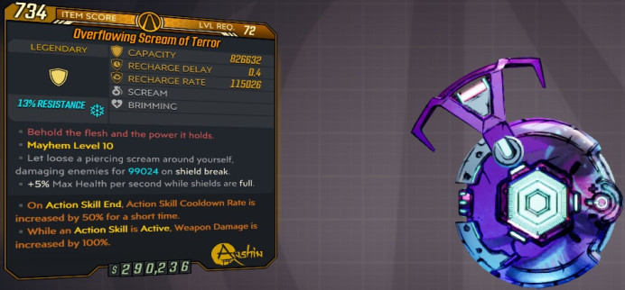 [PC/XB/PS] M10/L72 SCREAM OF TERROR - 826.632 SHIELDS / 0.4 DELAY / 115.026 RECHARGE (+5% MAX HP/S ON FULL ES) - ANOINTED x2