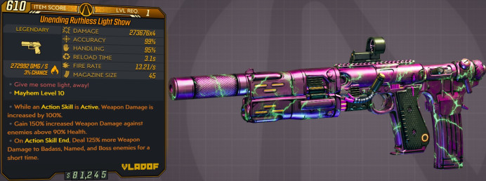 [PC/XB/PS] LVL1 LIGHT SHOW - 273.676x4 DMG (+272k FIRE DMG) - 13.21 FIRE RATE, 45 MAG SIZE - ANOINTED x3