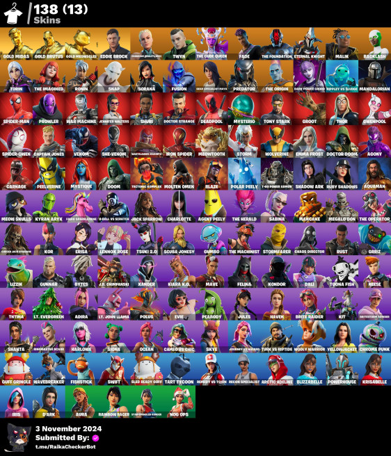  [PC/PSN/XBOX/NINTENDO]   138  skins ()Backlash . Leviathan Axe . Candy Axe  . Reaper . Spider-Gwen .SSS18 