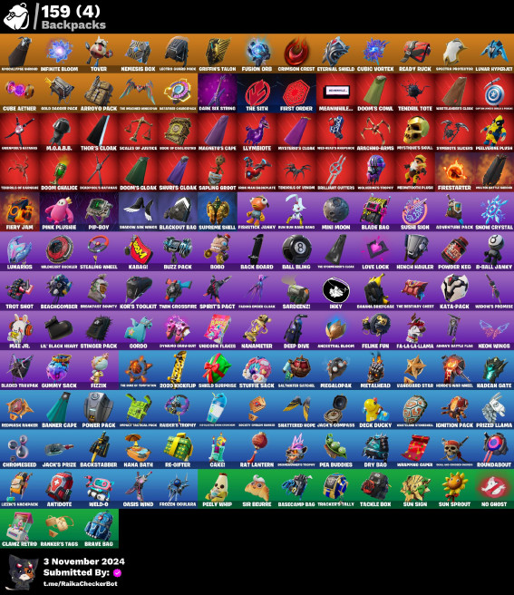  [PC/PSN/XBOX/NINTENDO]   138  skins ()Backlash . Leviathan Axe . Candy Axe  . Reaper . Spider-Gwen .SSS18 