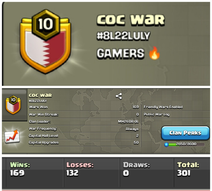 coc war  !! LEVEL 10 !! WIN 169 LOSS 132 !! POSITIVE WAR LOG !! GOOD NAME !! AFFORDABLE !! INSTANT DELIVERY