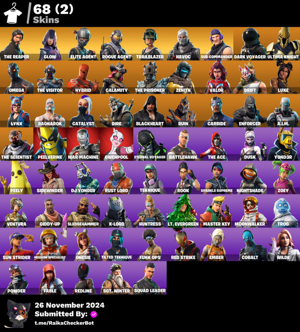 [PC/XBOX/NINTENDO/PSN ]   68 skins ·  The Reaper . Elite Agent . Take The L /Glow .  Havoc . Trailblazer LAZ28