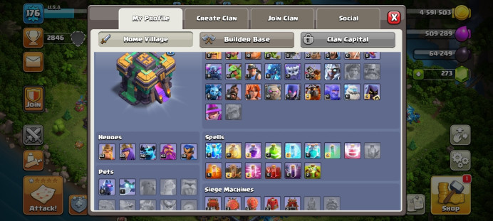 Th 14 / LeveL 176 / Trophy&nbsp; 2846 / Gems 253 / Heroes (63 69 40 43 18) / CN 1500 / code 27