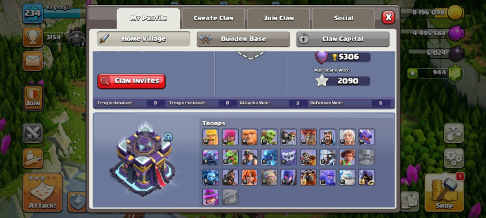 Th 15 / LeveL 234 / Trophy 3154 / Gems 962 / Heroes (65 78 60 57 25) / CN 2500 / code 28