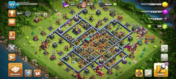 Th 14 / LeveL 164 / Trophy 2077 / Gems 108 / Heroes (43 44 40 27 12) / CN 2000 / code 42