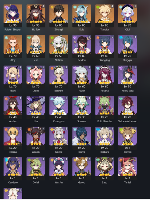 37 characters · 9 legendary 2 leg WEp +honkai 28 characters · 10 legendary LOI16