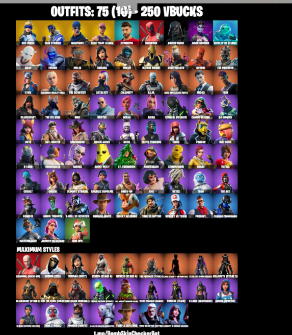 75 Skins   PC/PSN/XBOX  Merry Minty Axe   OG STW   Neo Versa  Rogue Agent   Ghoul Trooper   Blue Striker   SypherPK   Tilted Teknique