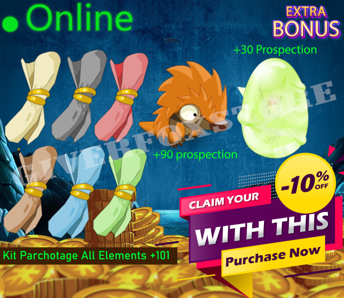 Boune>[ Kit Parchotage +101 tout les Elements ] + [ Pykur +90 Prospection ] + [ Dofus Kaliptus +30 Prospection ] +BONUS (Best buy)