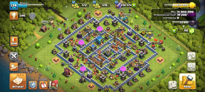 Th 12 / LeveL 134 / Trophy&nbsp;2195 / Gems 192 / Heroes (57 58 30 25) / CN 1500 / code 104m