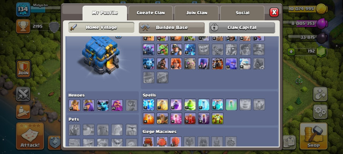 Th 12 / LeveL 134 / Trophy&nbsp;2195 / Gems 192 / Heroes (57 58 30 25) / CN 1500 / code 104m
