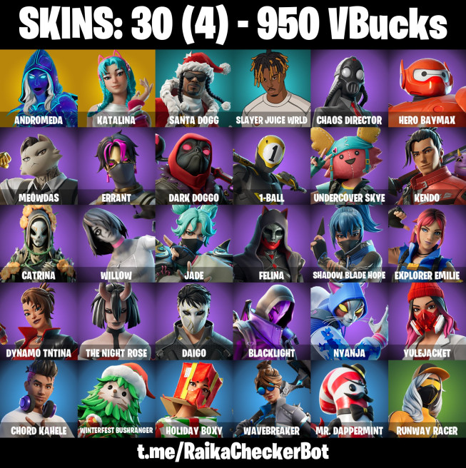 [PC] 30 skins | Andromeda | Katalina | Santa Dogg | Slayer Juice WRLD | Chaos Director | Hero Baymax | Meowdas | Errant |  1-Ball | 950 VB