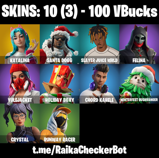 [PC] 10 skins | Katalina | Santa Dogg | Slayer Juice WRLD | Felina | Yulejacket | Holiday Boxy | Chord Kahele | Winterfest Bushranger |  100 VB