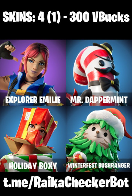[PC] 4 skins | Explorer Emilie | Mr. Dappermint | Holiday Boxy | Winterfest Bushranger | Piñata Brian |  Society Shield | 300 VB
