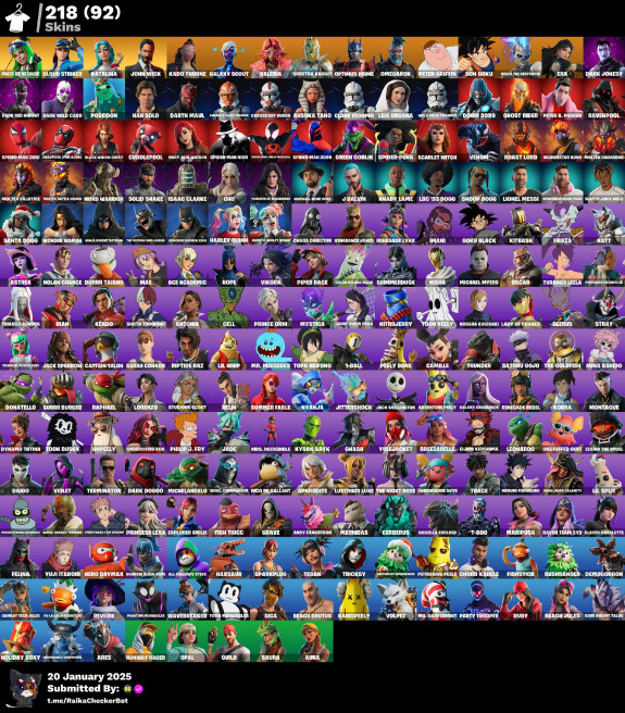  [PC/PSN/NINTENDO/XBOX]  218 skin ()  John Wick , Son Goku . Cell . Harley Quinn . Toph Beifong Mary Jane Watson LQ172 